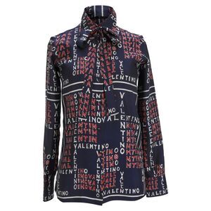Valentino Navy Logo-Print Tie-Neck Blouse with Red & White Accents